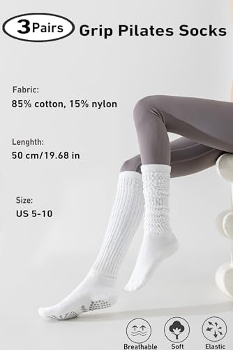 Hstyle Grip Pilates Socks for Women, Slouch Scrunch Yoga Barre Socks - color: White+black+pink