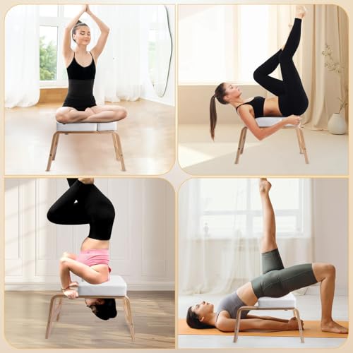 Yoga Headstand Bench PU Pad Headstand Trainer Max Load 300lbs | Yoga Headstand Bench Stress Relief Balance Trainer Supports with Wood Frame and Pu Pad Body Shaping Practice - color: White