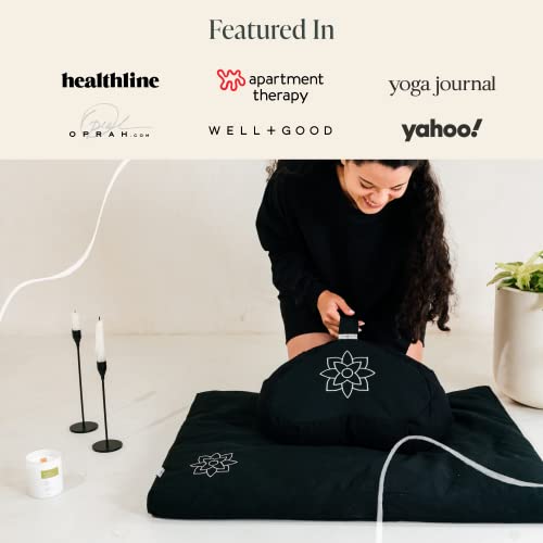 Mindful & Modern Meditation Cushion & Zabuton Meditation Mat Bundle - 100% Cotton Meditation Cushion Set for Yoga - Buckwheat Crescent Shaped Zafu Floor Pillow Rectangular Mat - Minimal Black Color