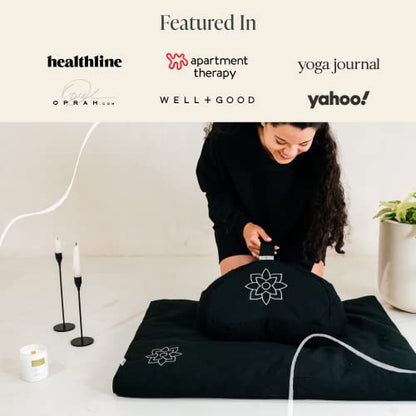 Mindful & Modern Meditation Cushion & Zabuton Meditation Mat Bundle - 100% Cotton Meditation Cushion Set for Yoga - Buckwheat Crescent Shaped Zafu Floor Pillow Rectangular Mat - Minimal Black Color