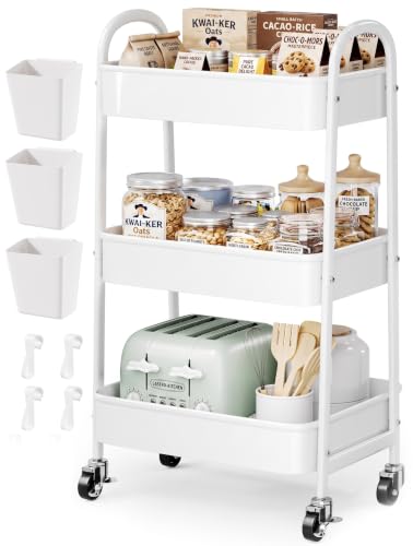Heavy Duty 3 Tier Rolling Cart Metal with Wheels, White Three Tiered Shelf | Utility Roller Storage Carts Organizer on Wheels for Art, Craft,Baby Nursery, Diaper Caddy,Postpartum,Bedside,Cleaning Supply - color: Pure White