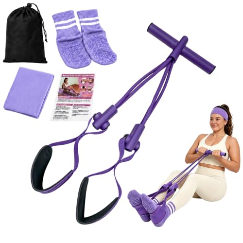 Pedal Resistance Band, Stitched Anti-Snap Elastic Pull Rope Fitness Equipment, 3-in-1 Home Workout Exercise Bands Set with Pilates Grip Socks & Headband - color: Purple, size: 55LB