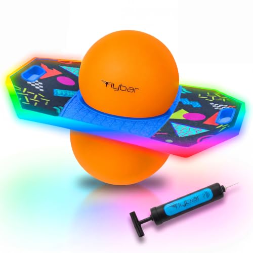 Flybar LED Pogo Trick Ball for Kids Balance Bounce Board w/Anti-Slip Deck - color: Retro Rocket