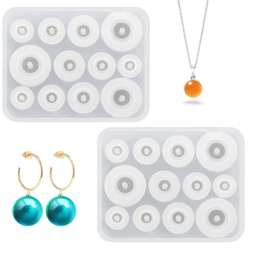 2 PCS Silicone Bead Molds for Epoxy Resin Silicone Bead Molds for Jewelry Making, Ball Beads Mold Designs with Holes for DIY Earring Pendant, Polymer Clay, Round Gemstone (Diameter 10, 12, 14, 18mm)