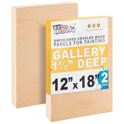 U.S. Art Supply 12" x 18" Unfinished Cradled Wood Panels for Painting, Gallery 1-1/2" Deep (2 Pack) - Artist Depth Wooden Wall Canvases - Mixed-Media Craft, Acrylic, Oil, Encaustic, Paint Pouring - style: 12 Inch x 18 Inch