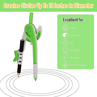 EBOOT Student Geometry Math Set, Drawing Compass and 6 Inch Clear Swing Arm Protractors 180 Degree Math Protractor (Green) - color: Green