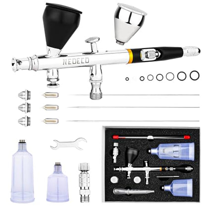 NEOECO SJ83 Airbrush, Self-Centring Plug-in Nozzle，0.2, 0.3 & 0.5mm Nozzle Sets and 1/3 oz Cup, Dual-Action Gravity Feed Airbrush with 1/3 oz,2/3 oz,4/3 oz Replacement Cups (Black) - color: BLACK