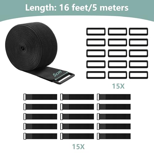2In x 16Ft Cable Straps Heavy Duty With 15 Buckles, Black Hook and Loop Straps, Reusable Cable Ties for Organizer or Storage - size: 2In x 16Ft