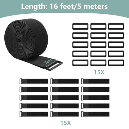 2In x 16Ft Cable Straps Heavy Duty With 15 Buckles, Black Hook and Loop Straps, Reusable Cable Ties for Organizer or Storage - size: 2In x 16Ft