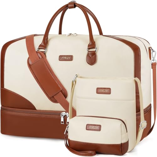 ITIEZY Weekender Bag for Women 21.5" Travel Duffel Large Carry On Bag 3PCS | Nylon Duffel Bag with Waterproof Shoe Compartment, Crossbody Bag and Toiletry Bag, Travel Weekend Hospital Overnight Gym Bag - color: 9-Beige