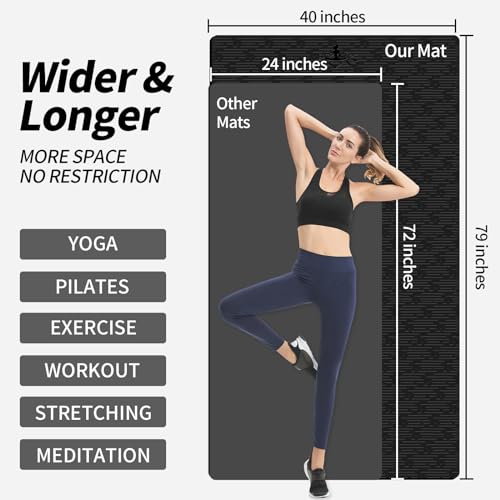 Hatha Yoga Extra Long TPE Yoga Mat 79" x 40" x 1/2" Thick Non-slip Exercise Mat for Home Gym Use, Yoga, Pilates, Fitness & Workouts - color: Black