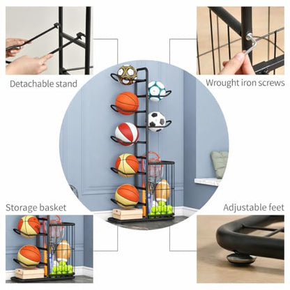 7-Ball Sports Equipment Storage Rack with Ball Holder and Basketball Rack, Athletic Gear Organizer ball Stand - Organize Toys, Sports Gear and More, 57.5" (Black) - size: 7-Balls with Basket