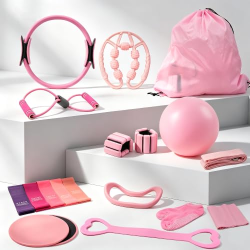 Pilates Equipment Kit for Home Workouts, 21 Pcs Set 14'' Pilates Ring, Complete Yoga Pilates Accessories with Wrist Weights, Core Sliders, Yoga Strap, Socks and Massage Ball - color: Pink