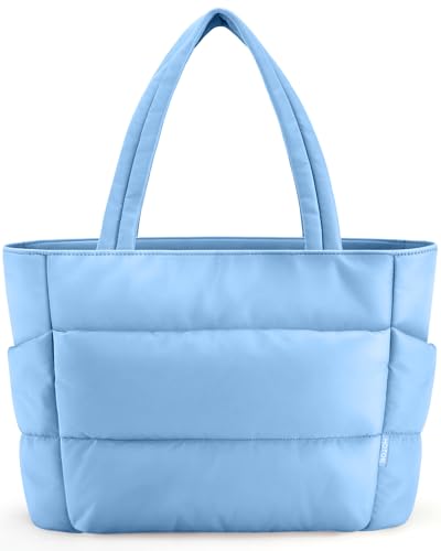HOTOR Puffer Tote Bag for Women, Multi-Pocket, Zippered - color: Light Blue, size: 18.1" × 6.3" × 11.8"