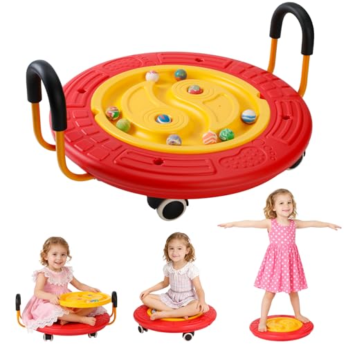 3-In-1 Balance Scooter Board for Kids，Plastic Wobble Balance Board Rocker Maze with Handles, 5 Balls, Toddler Floor Scooter Boards for Sensory Training, Physical Therapy - color: Red