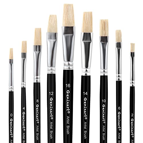 Genixart Artist Paint Brush Set, Paintbrushes for Acrylic, Oil, Watercolor | Flat Paint Brushes for Painting, Painters & Students, Art & Craft DIY - Short Handle, Natural White Bristle, Assorted 9 Pack