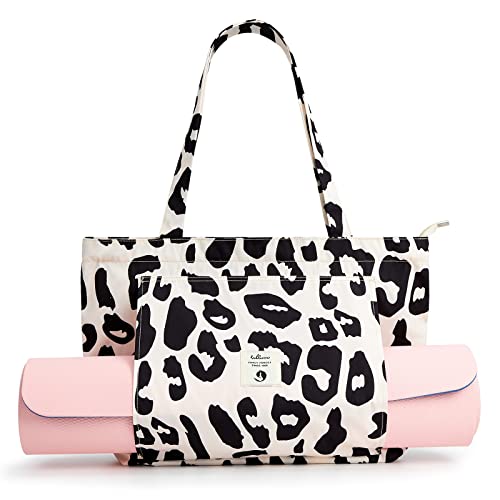 WLLWOO Yoga Mat Carrier Bag for Women Canvas Carryall Tote Gym Pilates | Large Holder Zipper Shoulder for Beach Travel Workout Fitness Office - color: leopard