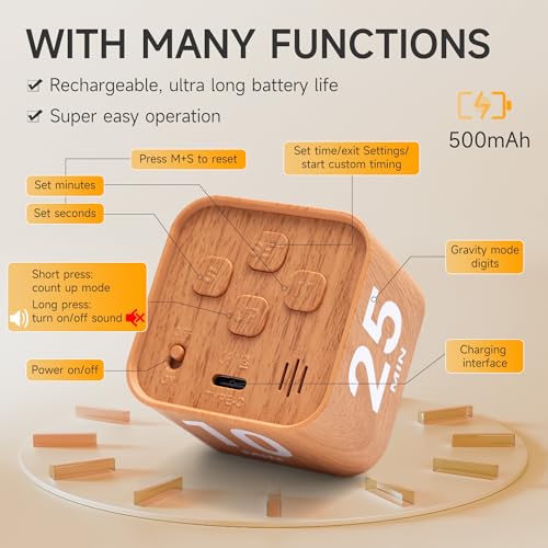 Rotating Productivity Cube Timer, 5/25/10/50 Min Presets, Wood Grain | Gravity sensor with mute function; ADHD-friendly desk timer for work, study, kitchen and back to school - color: Wood Grain Finish