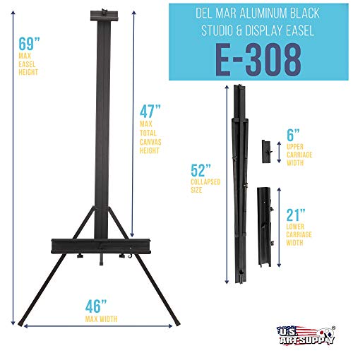 U.S. Art Supply 69" High Aluminum Single Mast Artists Studio Easel Stand for Sign and Floor Display - Heavy Duty Adjustable Extra Large Canvas Height Up to 47" - Palette Holder, Brush Rest, Painting