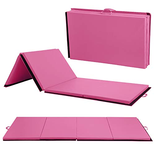 Gymnastics Tumbling Mats Portable Gymnastics Mat Folding Tumbling Mat Thick Yoga Mat Exercise Mat with Carrying Handles for home Workout outdoor Yoga Gymnastic - color: Pink, size: 4'x10'x2"THK