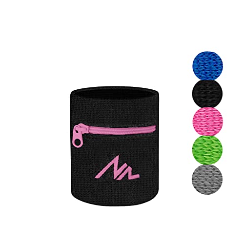 NEWZILL Wrist Wallet Wristband with Zipper - Cotton Sweatbands for Men & Women, Ideal for Running, Walking, Basketball, Football, Tennis, Hiking - color: Black/Pink, style: Small-1PCS