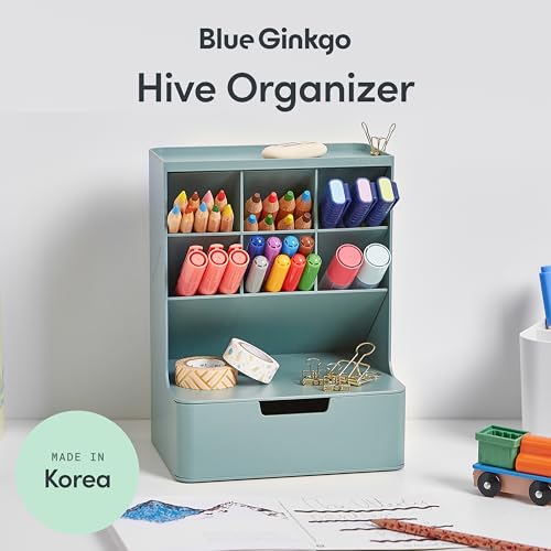 BLUE GINKGO Hive Pen Desk Organizer, Green, Made in Korea | 6 Compartments. Full Drawer. Everyday Storage. - color: GREEN, size: Hive