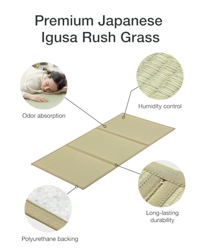 FULI Japanese Tatami Mattress, Foldable Igusa Rush Grass, Natural, Queen | Tatami Rug, Japanese Floor Mattress Mat, Made in Japan, 0.5 in thick, firm woven surface, tri-fold design - size: Queen (79"L x 59"W x 0.5"Th), style: Foldable Mat