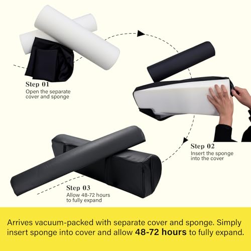 Massage Table Bolster Pillow with Strap Handle, 26 x 8 x 8 In Adjustable Bolster Pillow PU Leather, 1/4 & 3/4 Round Bolster Use Separately or Combine for Leg Neck Knee Support & Pain Relief, Black