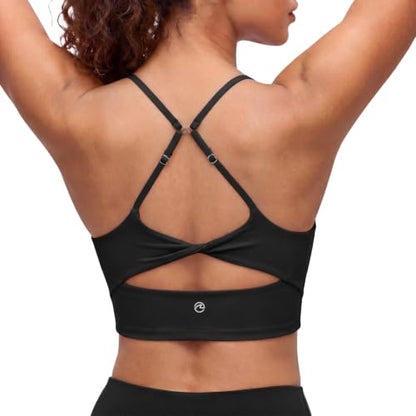 Aoysky Womens Strappy Sports Bra Adjustable Cross Back Longline Crop Top | Buttery soft fabric, Removable padded cups, Convertible straight/cross back, U-neck longline, Yoga gym pilates daily wear - color: Pure Black, size: XX-Large