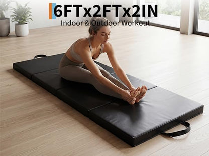6x3 Ft Portable Four-Fold Gymnastics Mat, 2 Inch Thick Tumbling & Exercise Pad, Folding Floor Mat for Home Workouts, Yoga, Pilates, Aerobics and Martial Arts Training, Black
