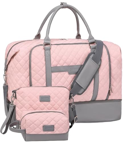 Weekender Bag, Large Travel Duffel Bag for Women, Carry on Overnight Bag with Shoe Compartment and Toiletry Bags - color: Pink-Grey