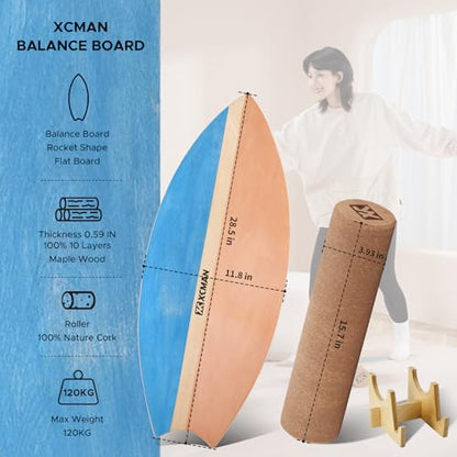 XCMAN Surf Balance Board Trainer with Roller Wooden Exercise Balancing Stability Trainer - Non Slip Surface for Adults Kids|Balance Board for Surfing,Snowboarding,Skateboarding,Hockey,Yoga Training - color: Rocket Blue
