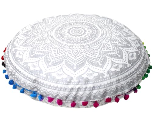 CRAFT KALA Boho Large Floor Pillow Pouf Cover Mandala Meditation Room Pillow Cover for Adults Round Bohemian Seating Pouf Cushion Cover for Kids Playroom 22" Silver Matellic Ombre - color: Silver Matellic, size: 22" x 22" (Pack of 1)