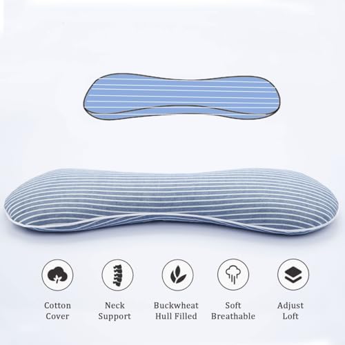 Buckwheat Pillow Cervical Neck Pillow, Buckwheat Hulls Filling Cooling Lumbar Support Pillow, Adjustable Firmness Ergonomic Design with Washable Cover, Blue 19"X7" - color: Blue