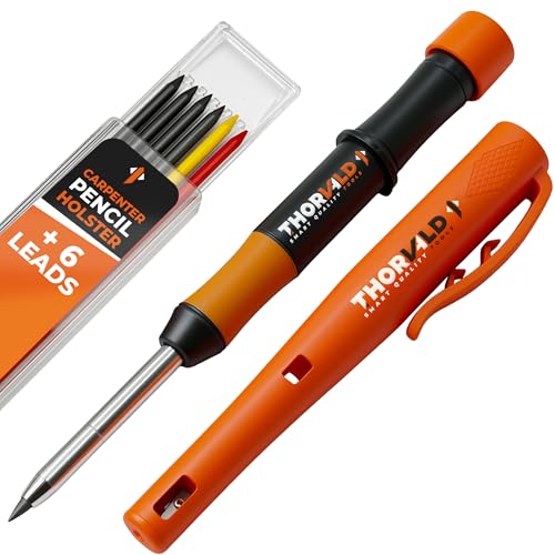 THORVALD New Carpenter Pencils with Holster for Construction - Incl. 7 Leads + Sharpener - Solid Mechanical Pencils with Fine Point/Best Marking tools Construction/Carpenters/Scriber