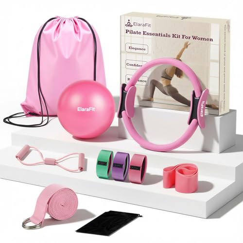 Home Pilates Ring and Ball Set for Women with 5 Resistance Bands 13 inch Magic Circle Workout Starter Kit for Beginners Full Body Toning 15 Min Daily Routine - color: Pink Mix