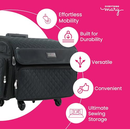 Everything Mary 4 Wheels Collapsible Deluxe Sewing Machine Storage Case - Rolling Trolley Carrying Bag for Brother, Singer - color: Black Quilted