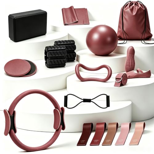 19 PCS Pilates Kit, Sand White/ Red Brown Pilates Sets with Yoga Block - color: red brown