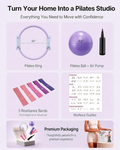 PAETA Pilates Ring Set – 14” Magic Circle (38 lbs Resistance), 9.8” Pilates Ball, 5 Resistance Bands, and Exercise Guide Included for Home Workouts - color: purple