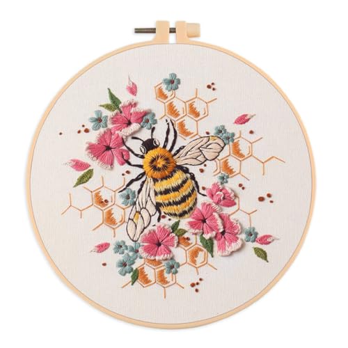Meecaa Bee Flower Animal Embroidery Kit Starter Set, Hand Embroidery Set,Pattern Printed Cross Stitch Set for Beginner Adults, with Embroidery Hoop and Instructions (Bee) - color: Bee