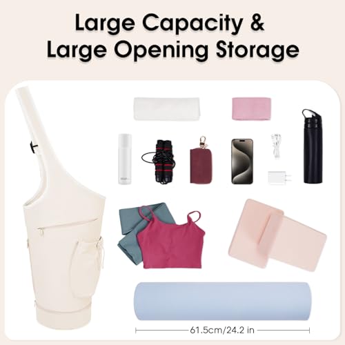 sportsnew Yoga Mat Bag, Large Opening Long Tote Yoga Mat Carrier Holder Bag with Waterproof Wet Pocket and Drawstring Water Bottle Pocket, Adjustable Shoulder Strap Storage Bag, patent pending - color: Beige