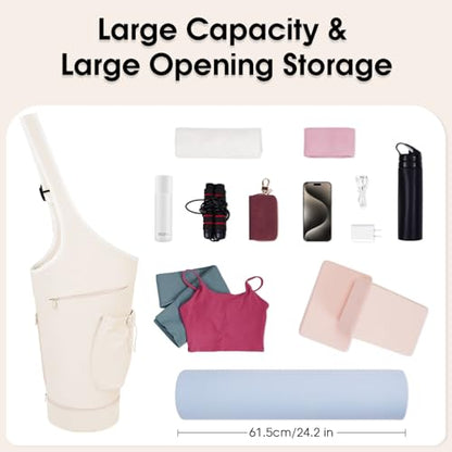sportsnew Yoga Mat Bag, Large Opening Long Tote Yoga Mat Carrier Holder Bag with Waterproof Wet Pocket and Drawstring Water Bottle Pocket, Adjustable Shoulder Strap Storage Bag, patent pending - color: Beige
