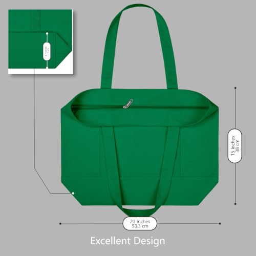 TOPDesign 1-Pack Canvas Tote Bag with an External Pocket, Reusable Grocery Shopping Bag, Top Zipper Closure, Daily Essentials (Green) - color: Green