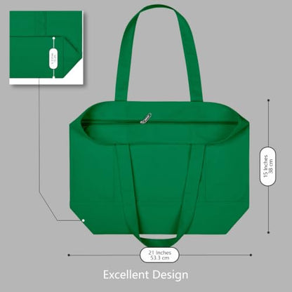 TOPDesign 1-Pack Canvas Tote Bag with an External Pocket, Reusable Grocery Shopping Bag, Top Zipper Closure, Daily Essentials (Green) - color: Green
