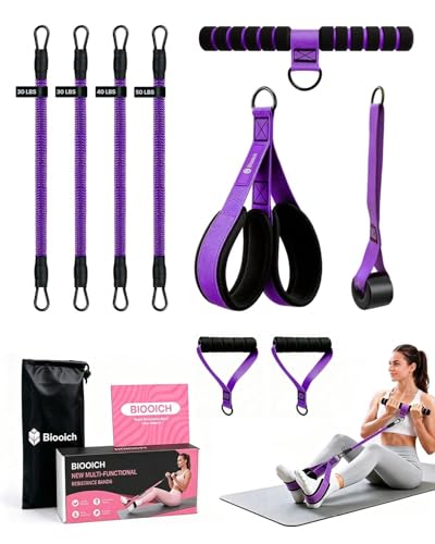 Multifunction Pedal Resistance Band with Handle, 4 Tubes 30/40/50LB Adjustable Foot Pedal Puller Resistance Band with Foam Handle& Storage for Men Women Core, Arm, Legs, Body Workout Home Gym, Purple