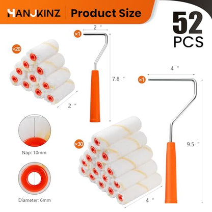 Microfiber Paint Roller, 2 Inch and 4 Inch, 50 Pack | 3/8 Inch Nap, Mini Paint Roller Covers, with Paint Roller Frame, for House Painting, Ideal for Walls, Ceilings, Doors - size: 2 Inch & 4 Inch,50 Pack