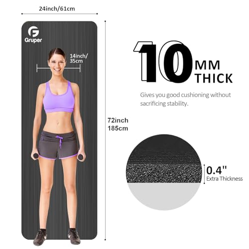 Gruper Yoga Mat Non Slip NBR Extra Thick Yoga Mat, 72"L x 32"/24"W x 0.6"/0.4"TH (185cm x 80cm/61cm x 15mm/10mm), Anti-Tear Exercise Mat with Carrying Strap and Bag, Workout Mats for Yoga, Pilates - color: Black, size: 72 x 24 x 0.4 inches