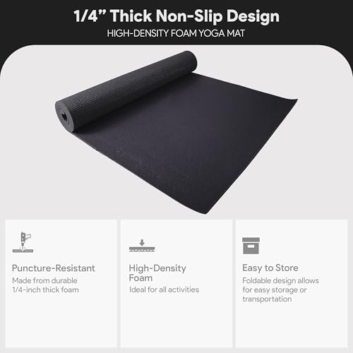 Fitvids All Purpose 1/4-Inch High Density Anti-Tear Exercise Yoga Mat with Carrying Strap, Multiple Colors - color: Black