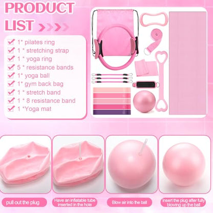 RoundFunny Set of 18 Pilates Ring Essential Kit for Women Pilates Ring and Ball Ankle Resistance Band Yoga Strap Socks Mat Arm Stretcher Latex Tube Gym Back Bag Exercise Equipment for Workout - color: Pink