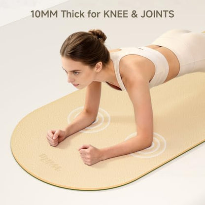 WeiLa Extra Thick Yoga Mat (10mm), Large TPE Workout Mat 74"x28" with Strap - color: Cream & Matcha Green
